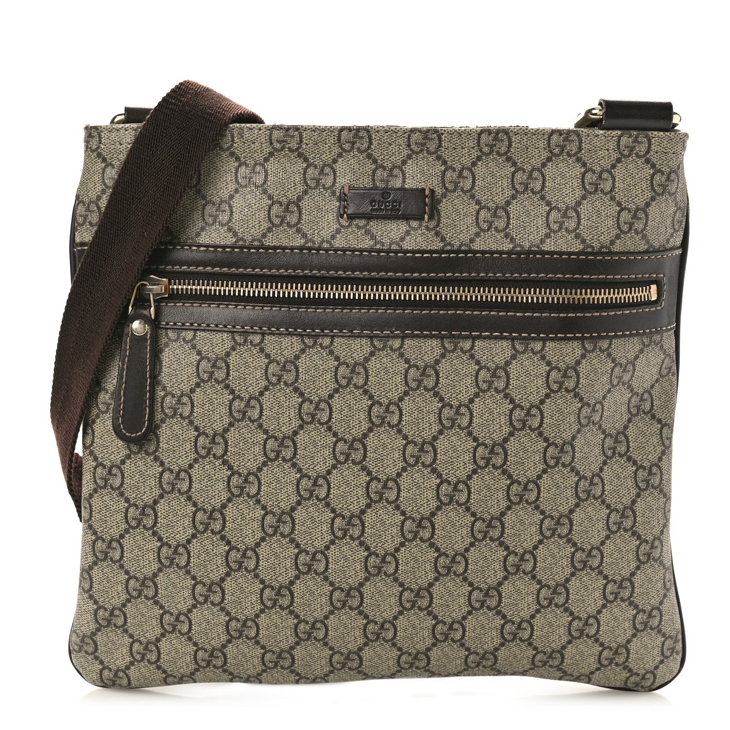 Gucci GG Supreme Monogram Selleria Calfskin Small Flat Side Zip Messenger Bag Beige Ebony Cocoa Dark Chocolate 1 of 11