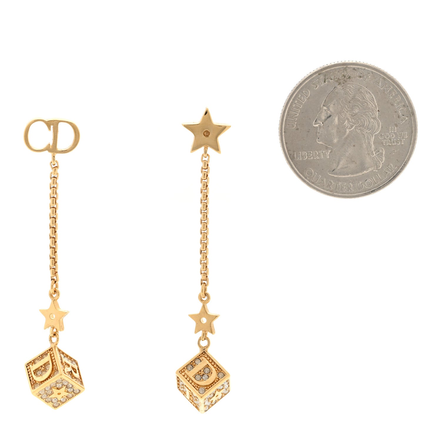 Christian Dior Metal Crystal Lucky Square Drop Earrings Gold 2 of 3