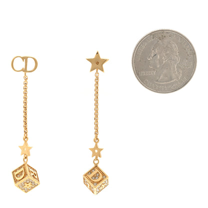 Christian Dior Metal Crystal Lucky Square Drop Earrings Gold 2 of 3