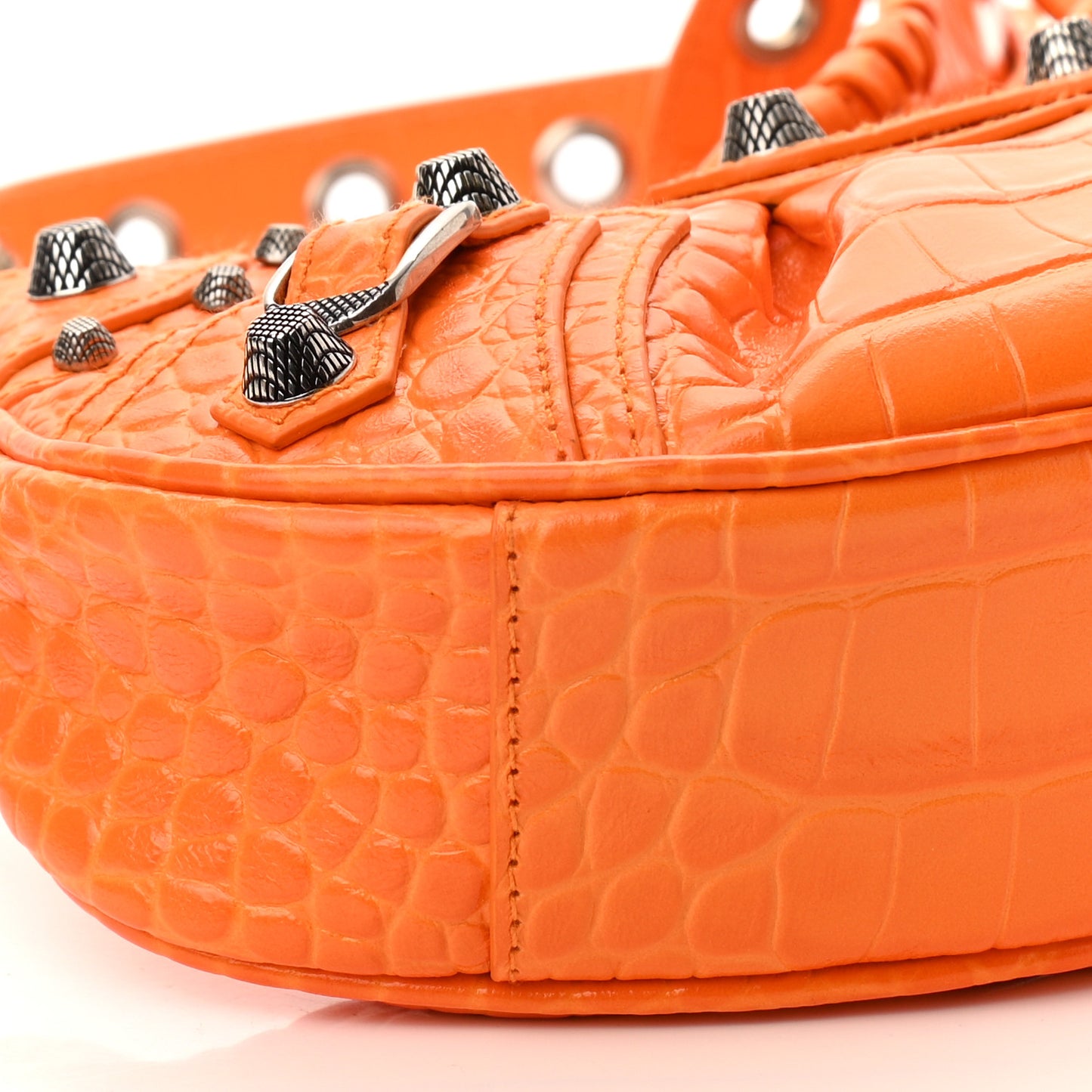 Extra Supple Calfskin Crocodile Embossed Le Cagole Shoulder Bag XS Pop Orange