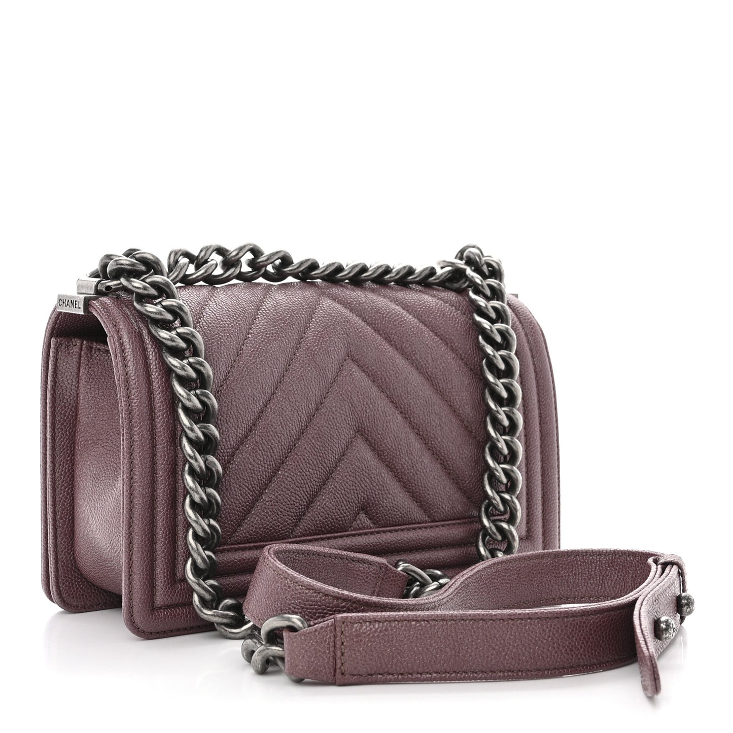 Metallic Caviar Chevron Quilted Small Boy Flap Dark Pink