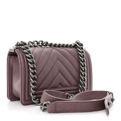 Chanel Metallic Caviar Chevron Quilted Small Boy Flap Dark Pink 3 of 10