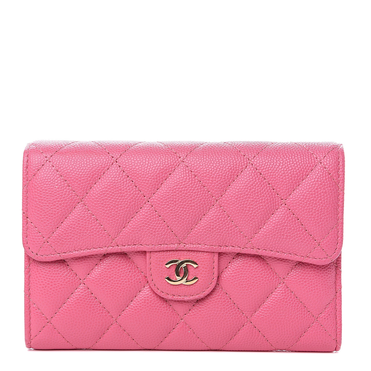 Iridescent Caviar Quilted Medium Flap Wallet Pink