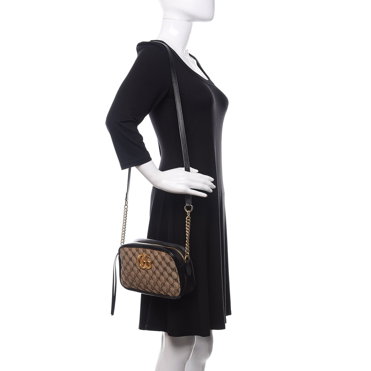 Gucci Monogram Matelasse Diagonal Small GG Marmont Chain Shoulder Bag Beige Black 2 of 13