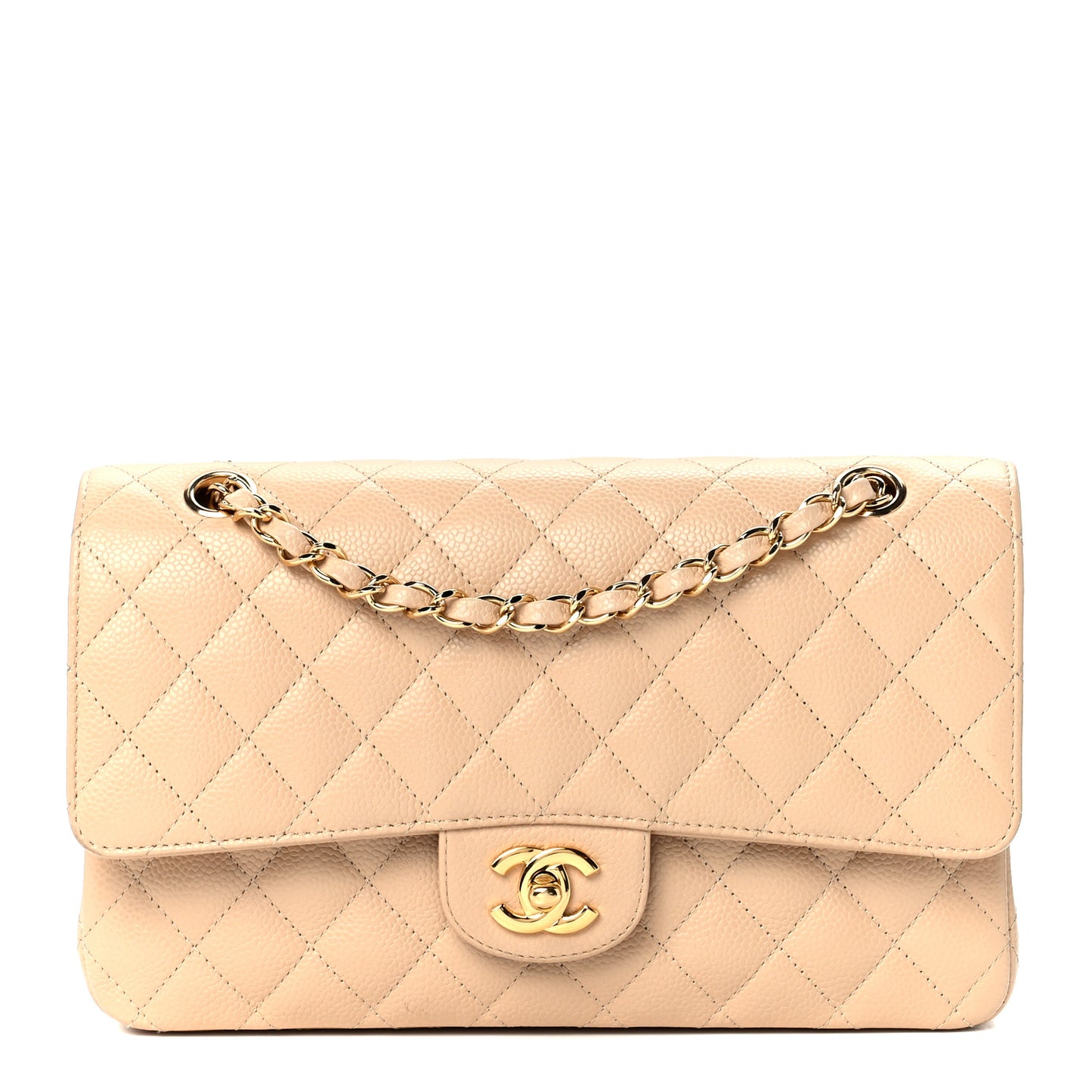 Caviar Quilted Medium Double Flap Beige Clair
