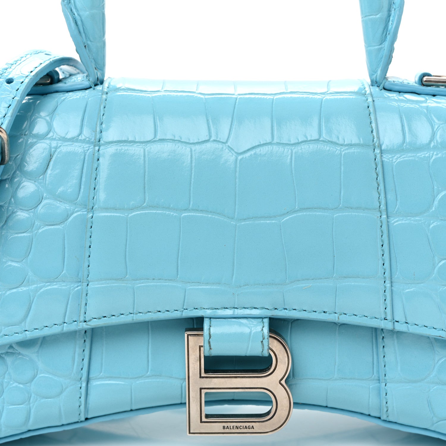 Balenciaga Shiny Calfskin Crocodile Embossed Hourglass Top Handle Bag XS Azur 7 of 11