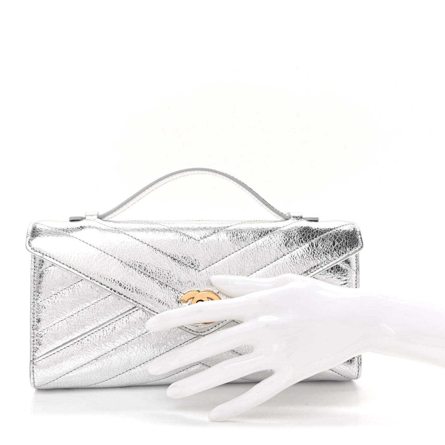 Metallic Aged Calfskin Chevron Quilted Top Handle Envelope Clutch Silver