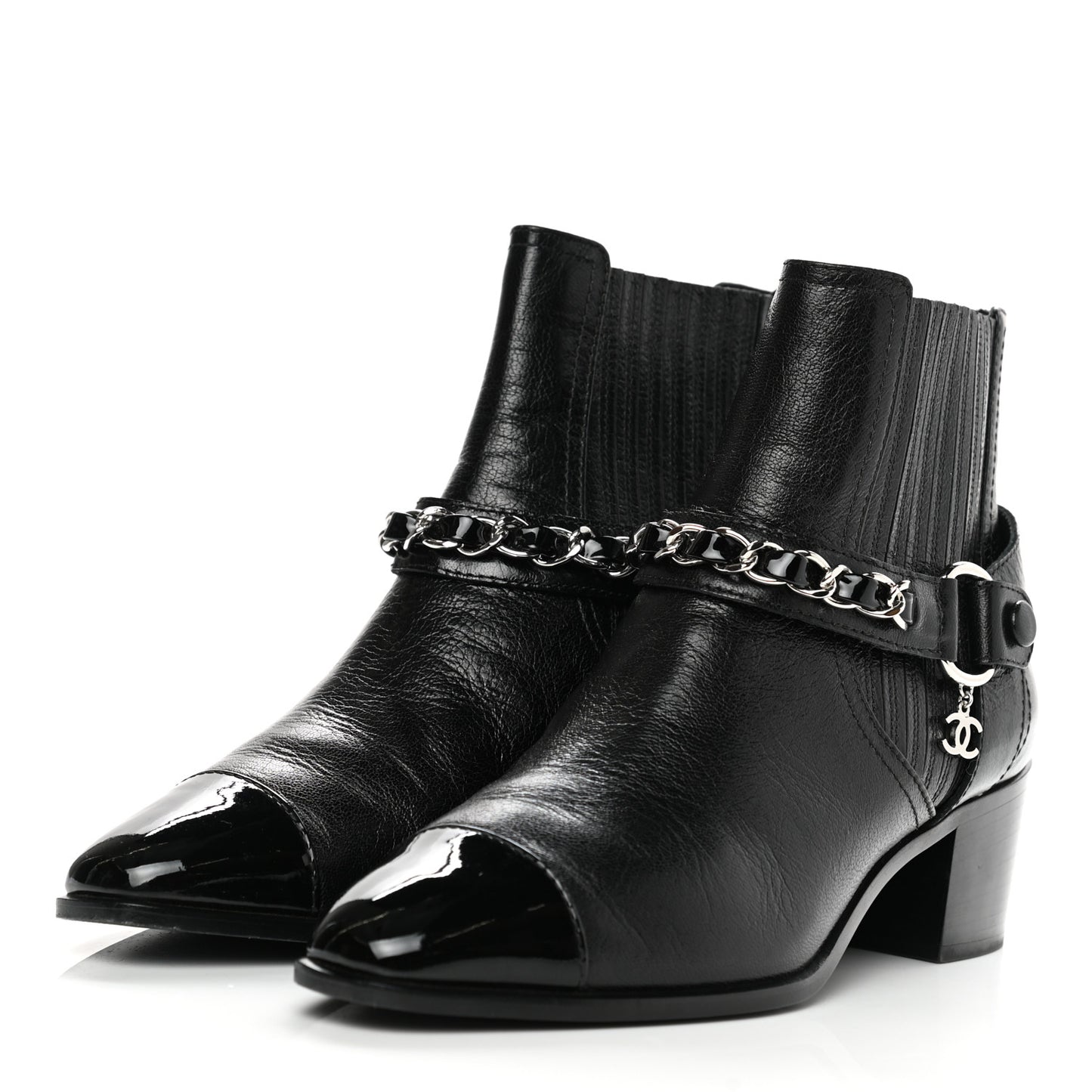 Goatskin Patent CC Cap Toe Chain Boots 37 Black