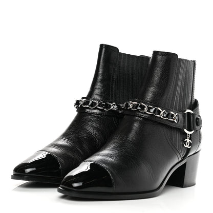 Chanel Goatskin Patent CC Cap Toe Chain Boots 37 Black 3 of 7