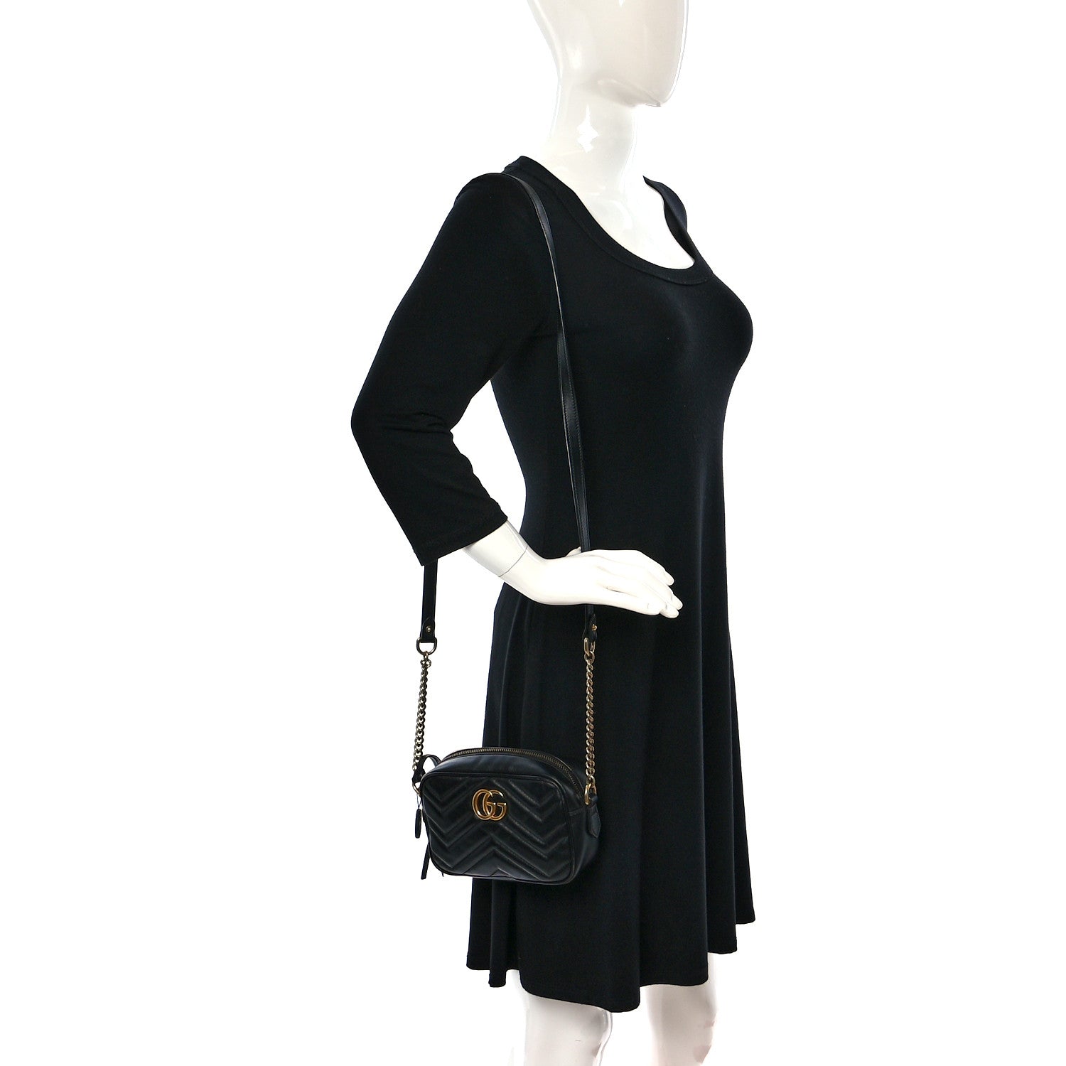 Gucci Calfskin Matelasse Mini GG Marmont Chain Shoulder Bag Black 2 of 9