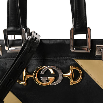 Gucci Smooth Calfskin Diagonal Striped Small Zumi Top Handle Bag Black Beige 8 of 10