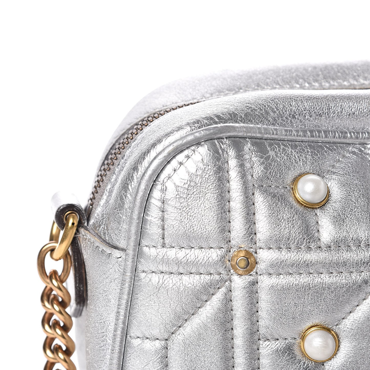 Metallic Calfskin Matelasse Studded Small Pearly GG Marmont Chain Shoulder Bag Silver