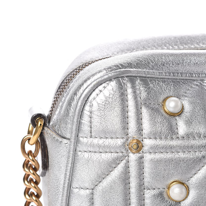 Gucci Metallic Calfskin Matelasse Studded Small Pearly GG Marmont Chain Shoulder Bag Silver 11 of 18
