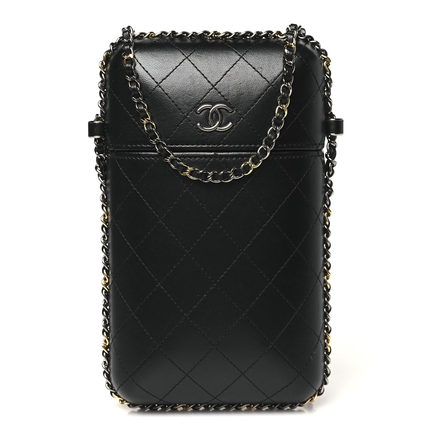 Lambskin Quilted Chain Around Phone Holder Black