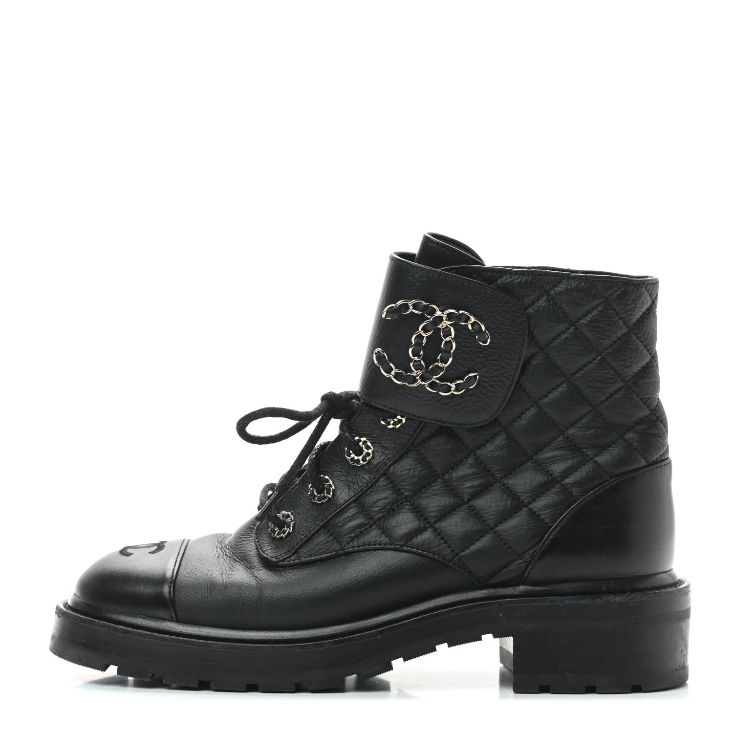 Chanel Shiny Goatskin Calfskin Quilted Lace Up Combat Boots 40 Black 1 of 7
