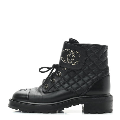 Chanel Shiny Goatskin Calfskin Quilted Lace Up Combat Boots 40 Black 1 of 7