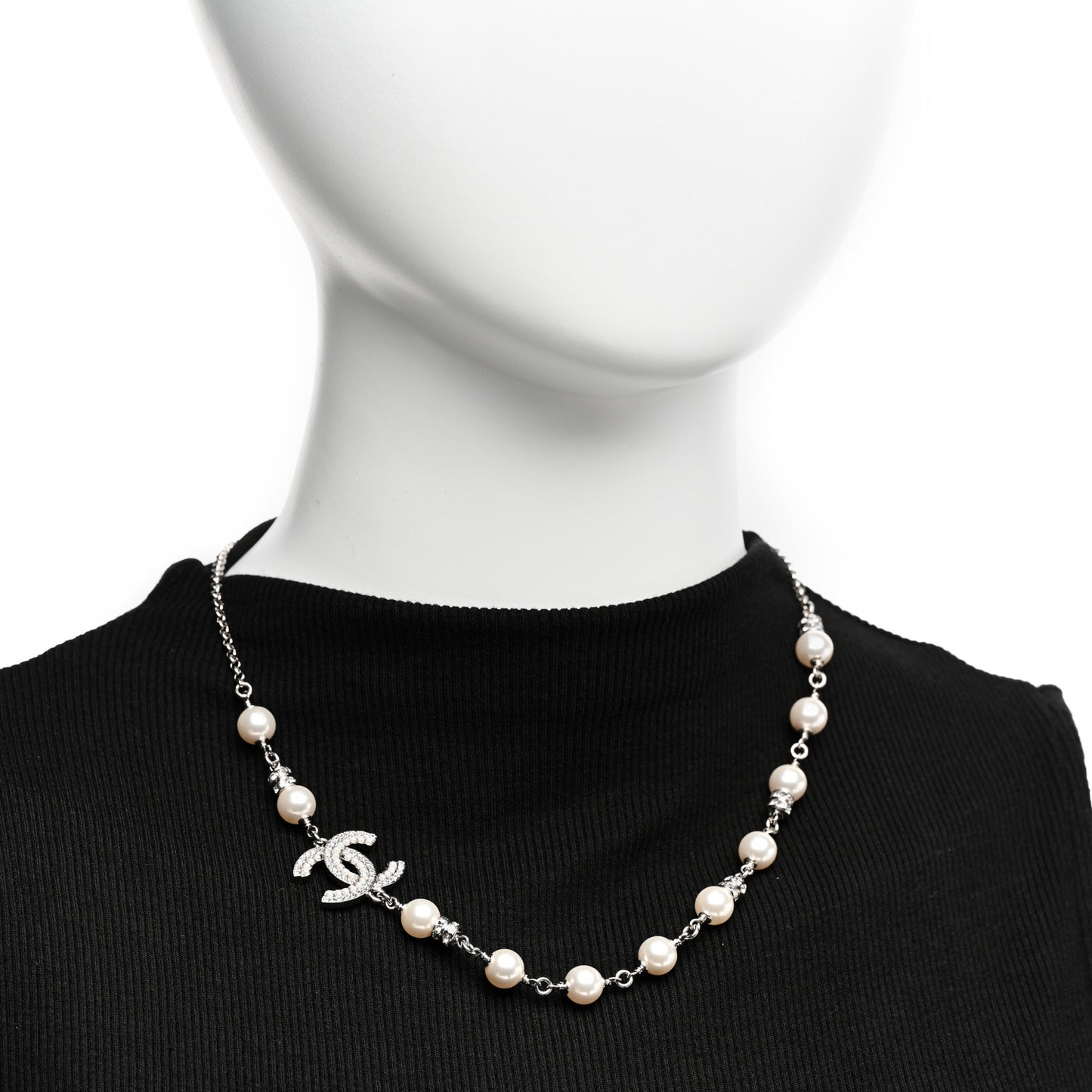 Pearl Crystal CC Necklace Silver
