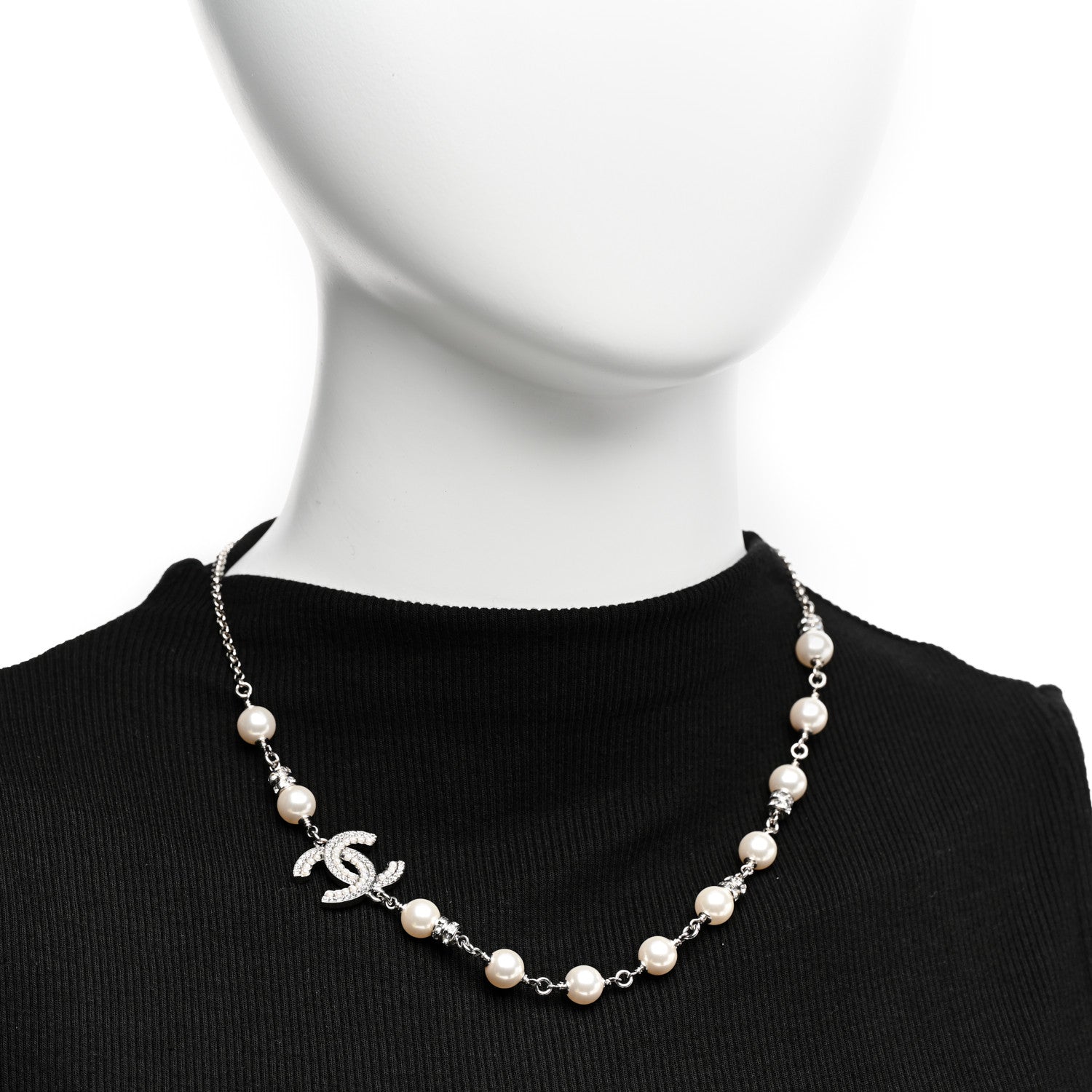 Chanel Pearl Crystal CC Necklace Silver 2 of 7