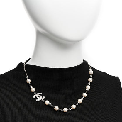 Chanel Pearl Crystal CC Necklace Silver 2 of 7