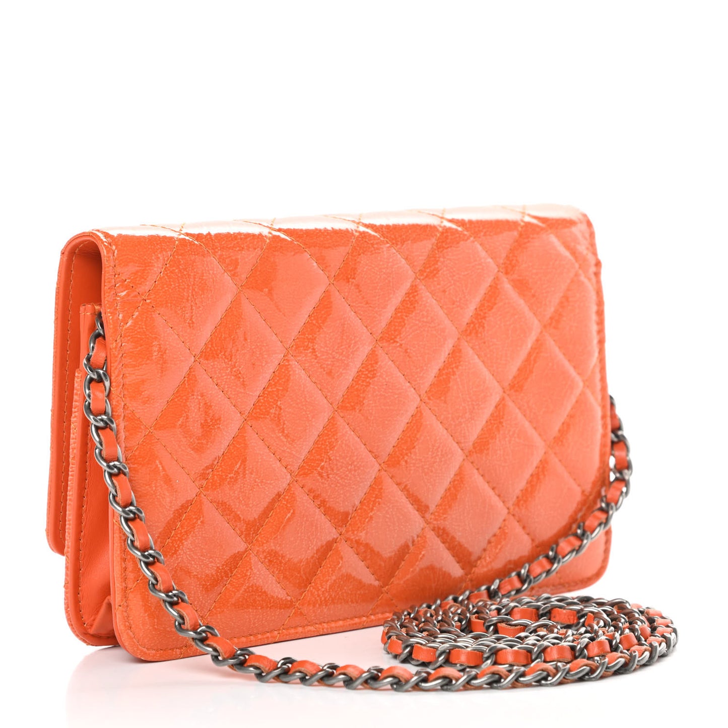 Distressed Patent Calfskin Quilted Wallet On Chain WOC Orange