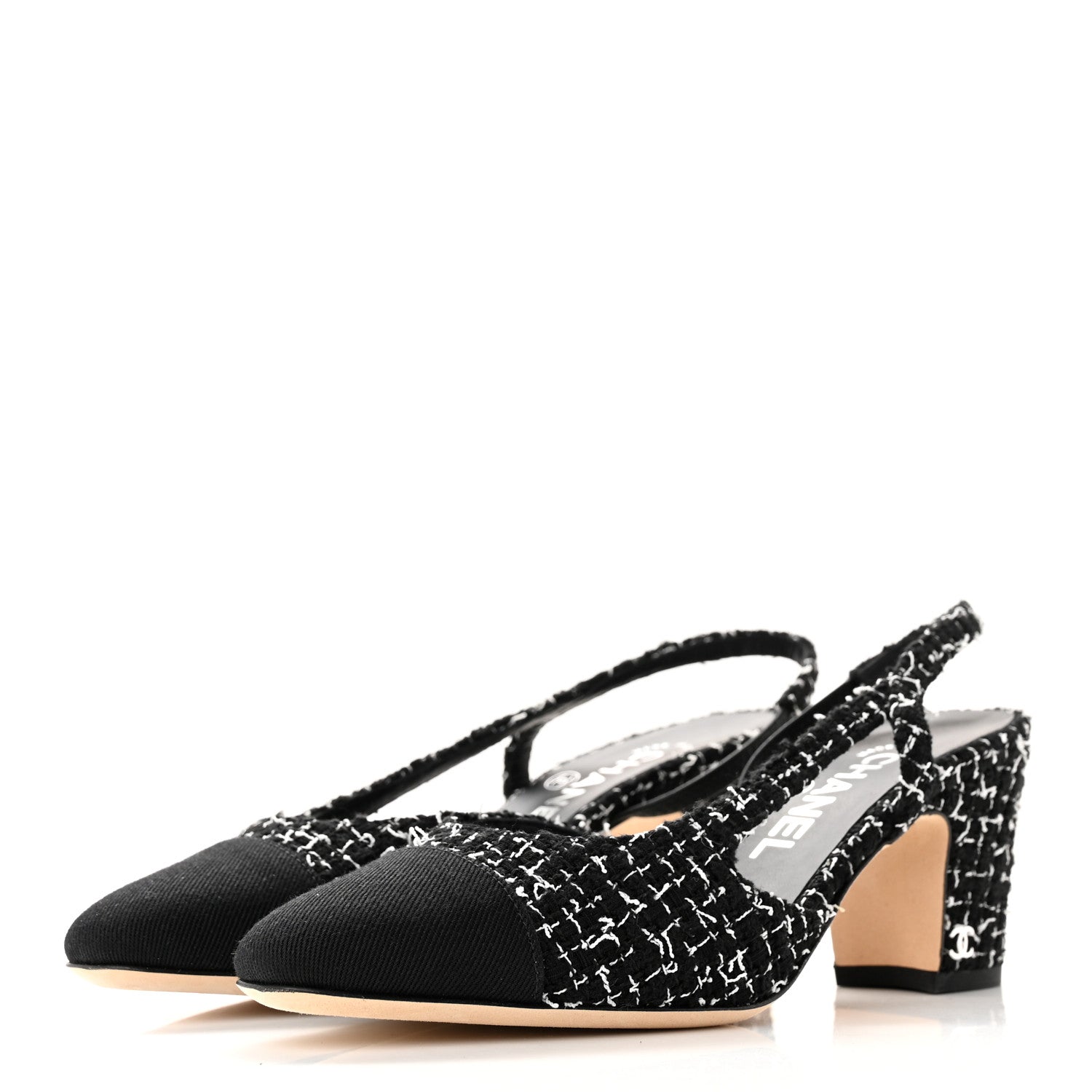 Chanel Tweed Grosgrain Cap Toe CC Slingback Pumps 36 Black White 3 of 11