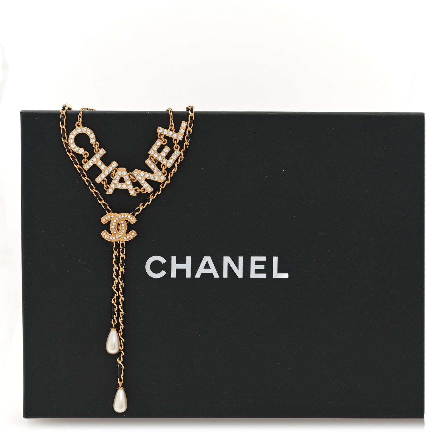 Lambskin Crystal Pearl Logo CC Double Strand Necklace Gold White Black