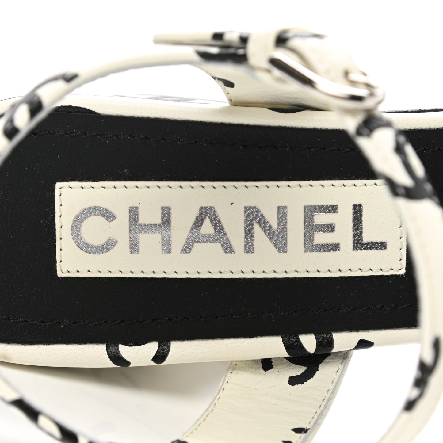 Printed Lambskin CC Sandals 36 White Black