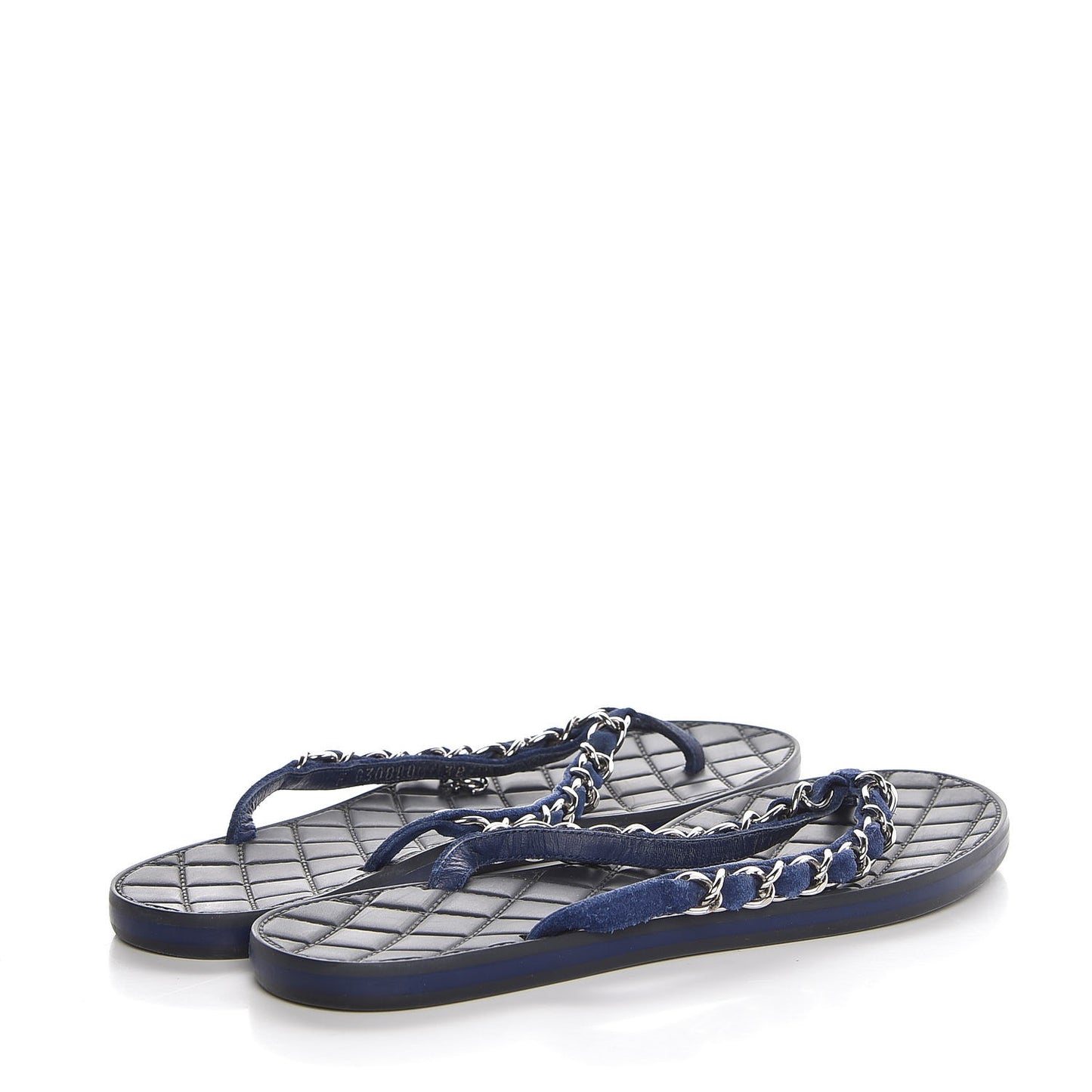 Suede Calfskin Quilted Chain Thong Sandals 38 Navy Blue
