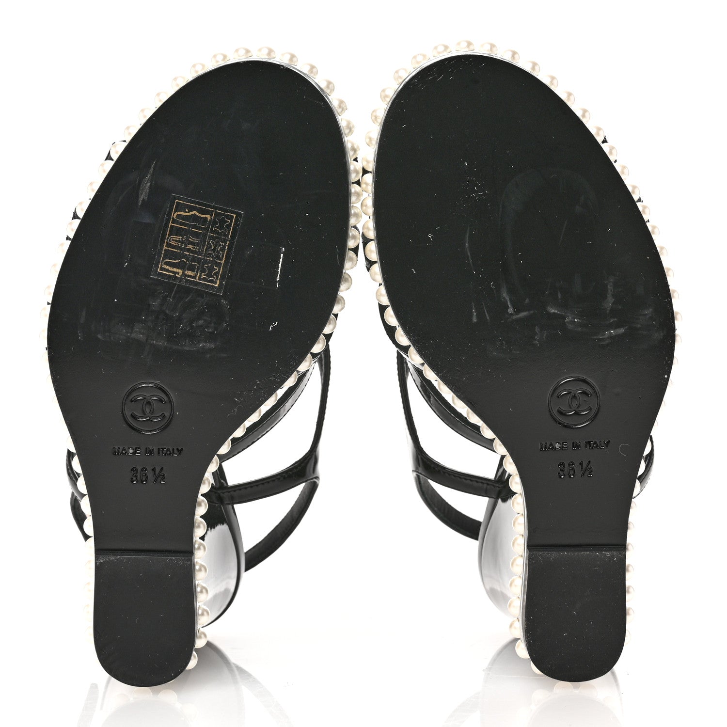 Chanel Patent Pearl CC Wedge Sandals 36.5 Black 6 of 9