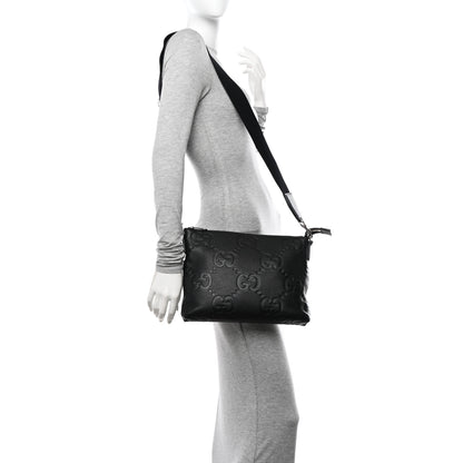 Gucci Piuma Calfskin Jumbo GG Embossed Medium Wristlet Messenger Bag Black 2 of 10