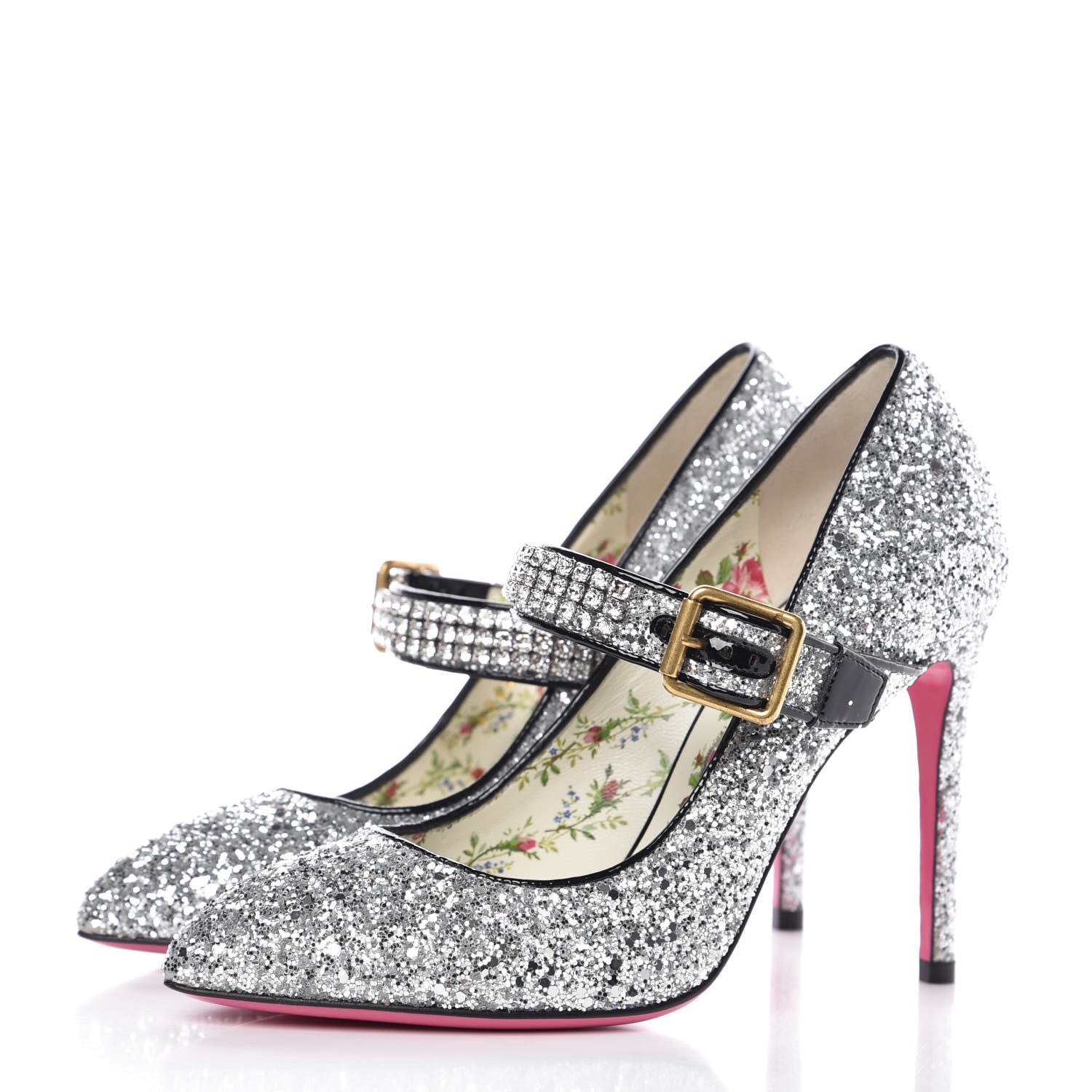 Gucci Calfskin Glitter Slyvie Mary Jane Pumps 37.5 Argento 3 of 8