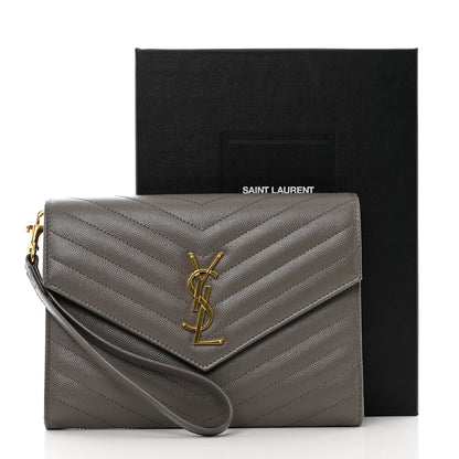 Saint Laurent Grain De Poudre Matelasse Chevron Monogram Envelope Clutch Fog 7 of 7