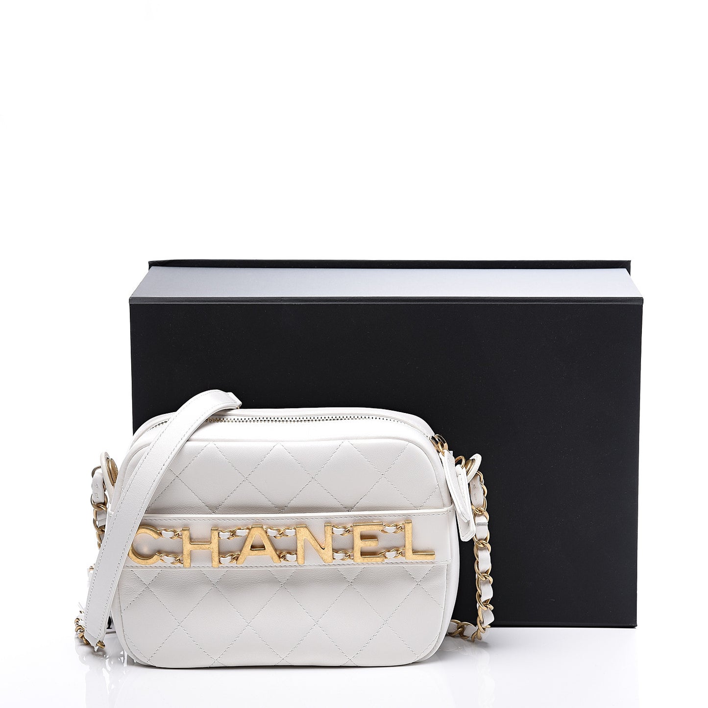 Calfskin Quilted Enchained Camera Case Bag White