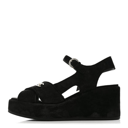 Chanel Suede Calfskin Peep Toe Wedge Sandals 37 Black 1 of 8