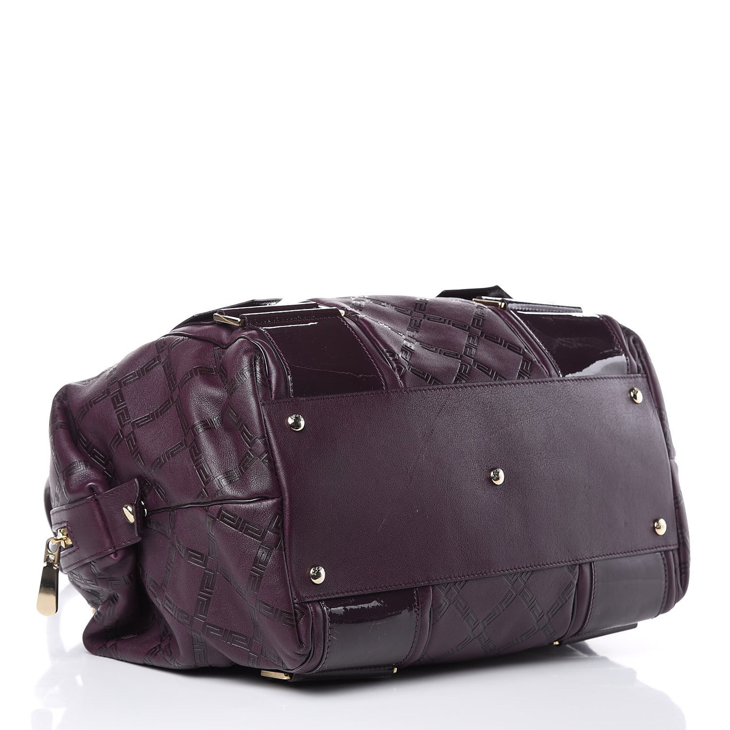 Calfskin Greca Argyle Embossed Patent Medusa Bowler Satchel Purple