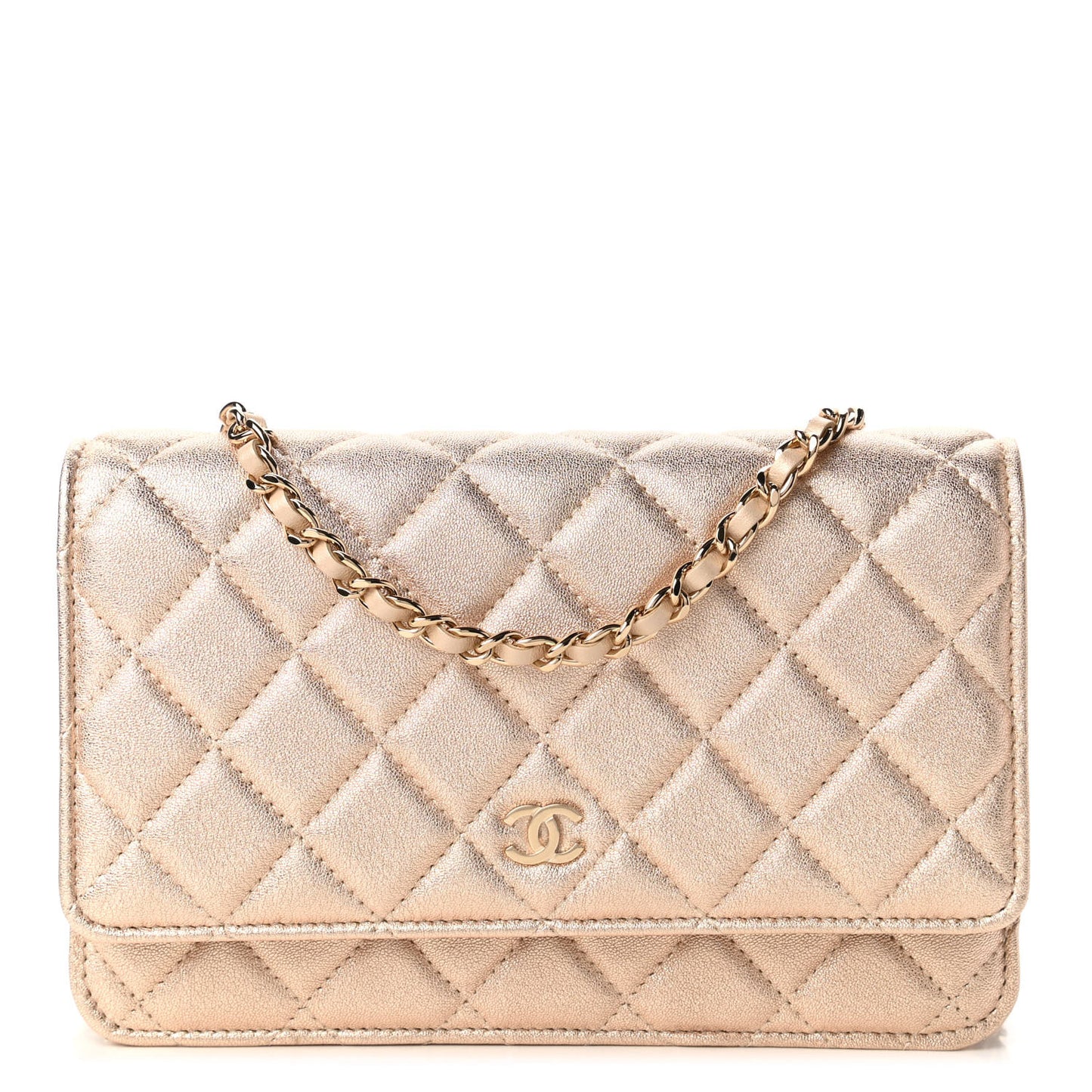 Metallic Lambskin Quilted Wallet On Chain WOC Gold