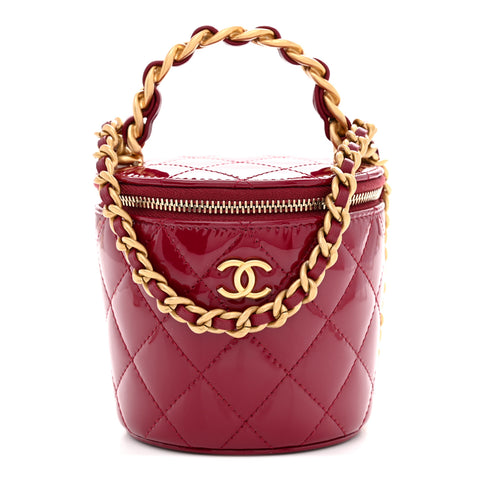Patent Quilted Afternoon Tea Top Handle Vanity Case With Chain Dark Red