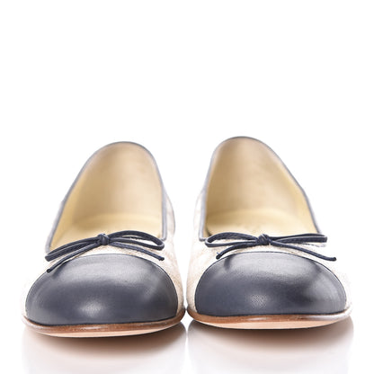 Chanel Toile Oily Calfskin CC Cap Toe Ballerina Flats 38 Light Beige Navy 2 of 9