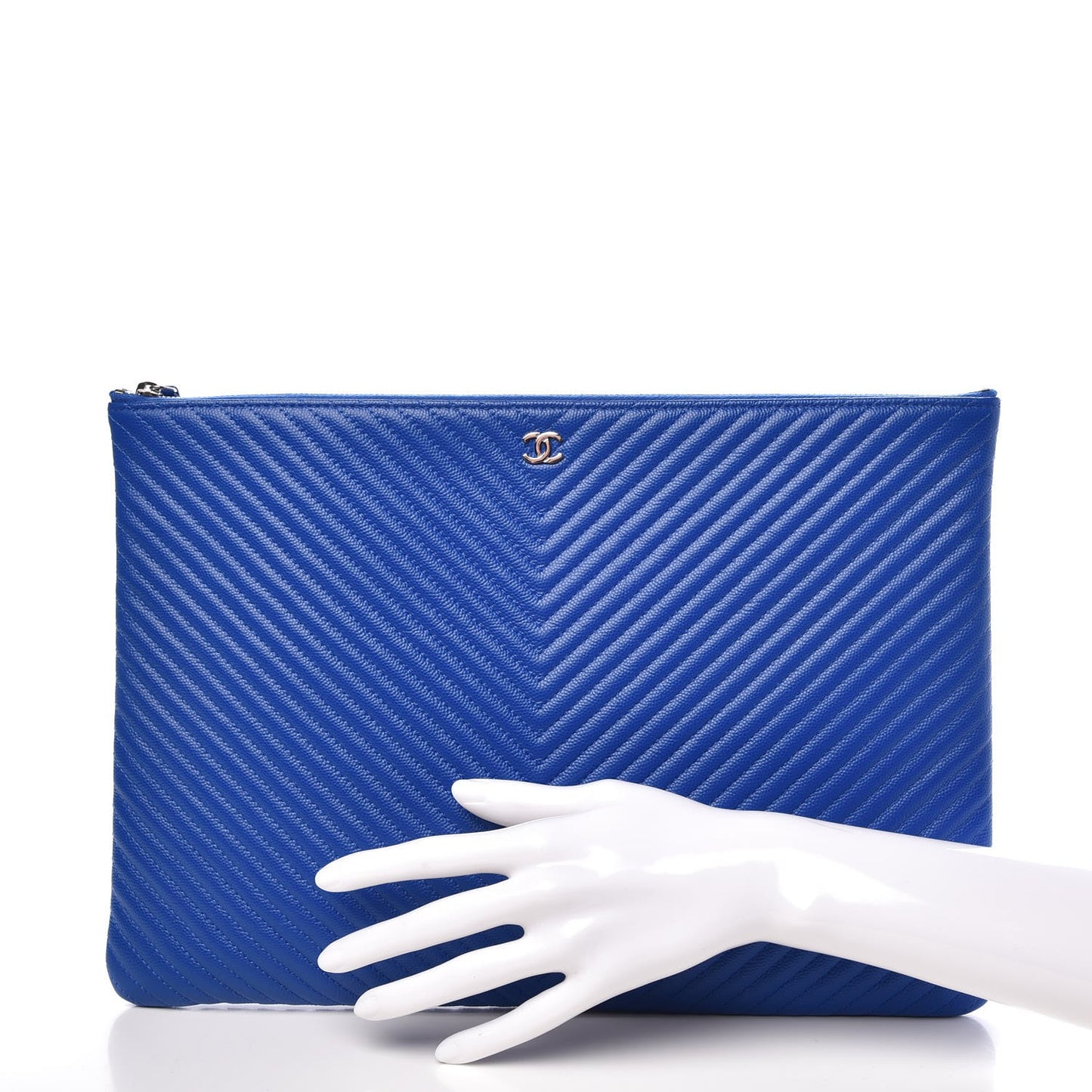Caviar Chevron Quilted Large Cosmetic Case Bright Blue