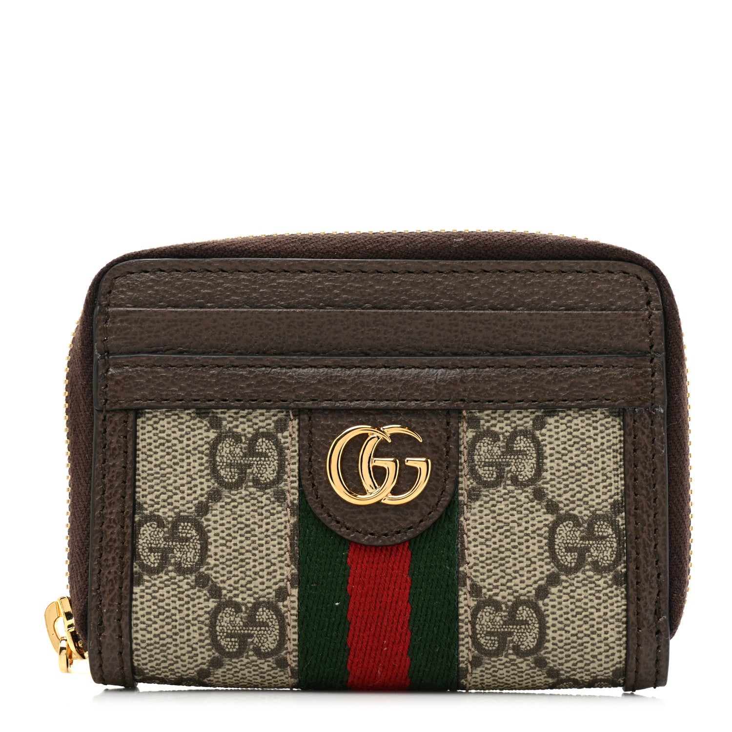 Gucci GG Supreme Monogram Textured Dollar Calfskin Web Ophidia Zip Around Card Case Wallet Beige Ebony New Acero 1 of 10