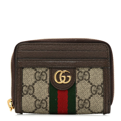 Gucci GG Supreme Monogram Textured Dollar Calfskin Web Ophidia Zip Around Card Case Wallet Beige Ebony New Acero 1 of 10