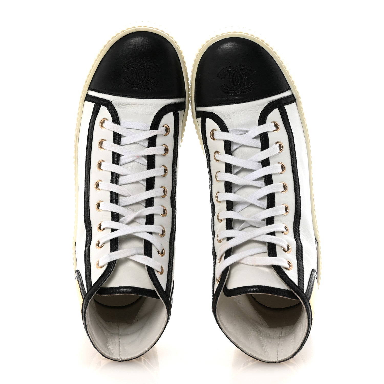 Chanel Shiny Lambskin Lace Up Cap Toe Sneakers 37.5 White Gold Black 2 of 10