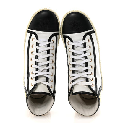 Chanel Shiny Lambskin Lace Up Cap Toe Sneakers 37.5 White Gold Black 2 of 10