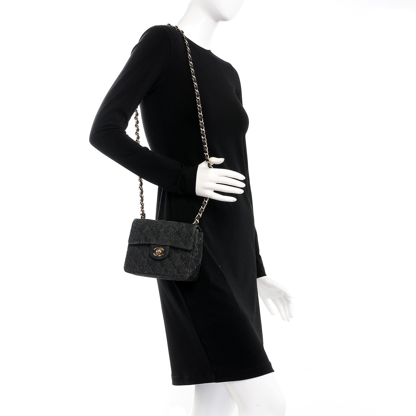 Denim Quilted Mini Square Flap Black