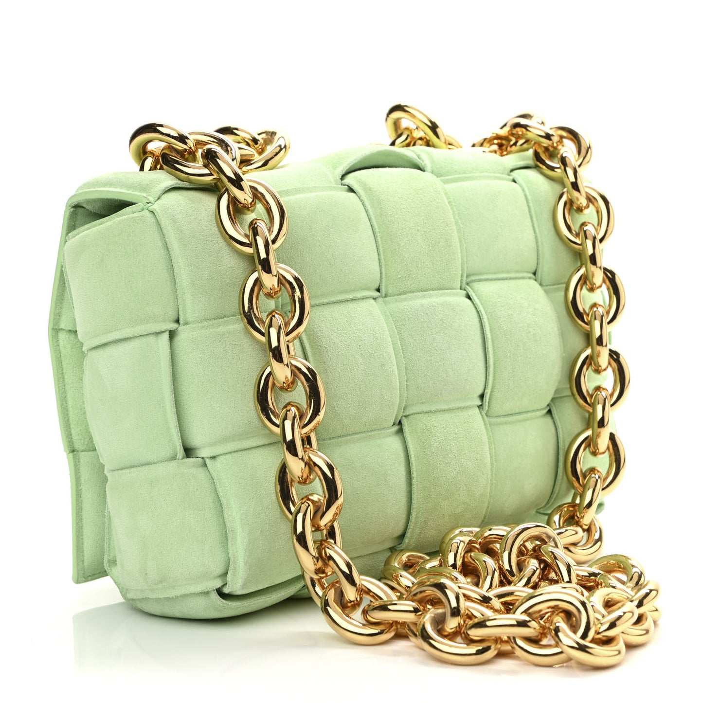 Suede Maxi Intrecciato Padded Chain Cassette Crossbody Bag Wasabi