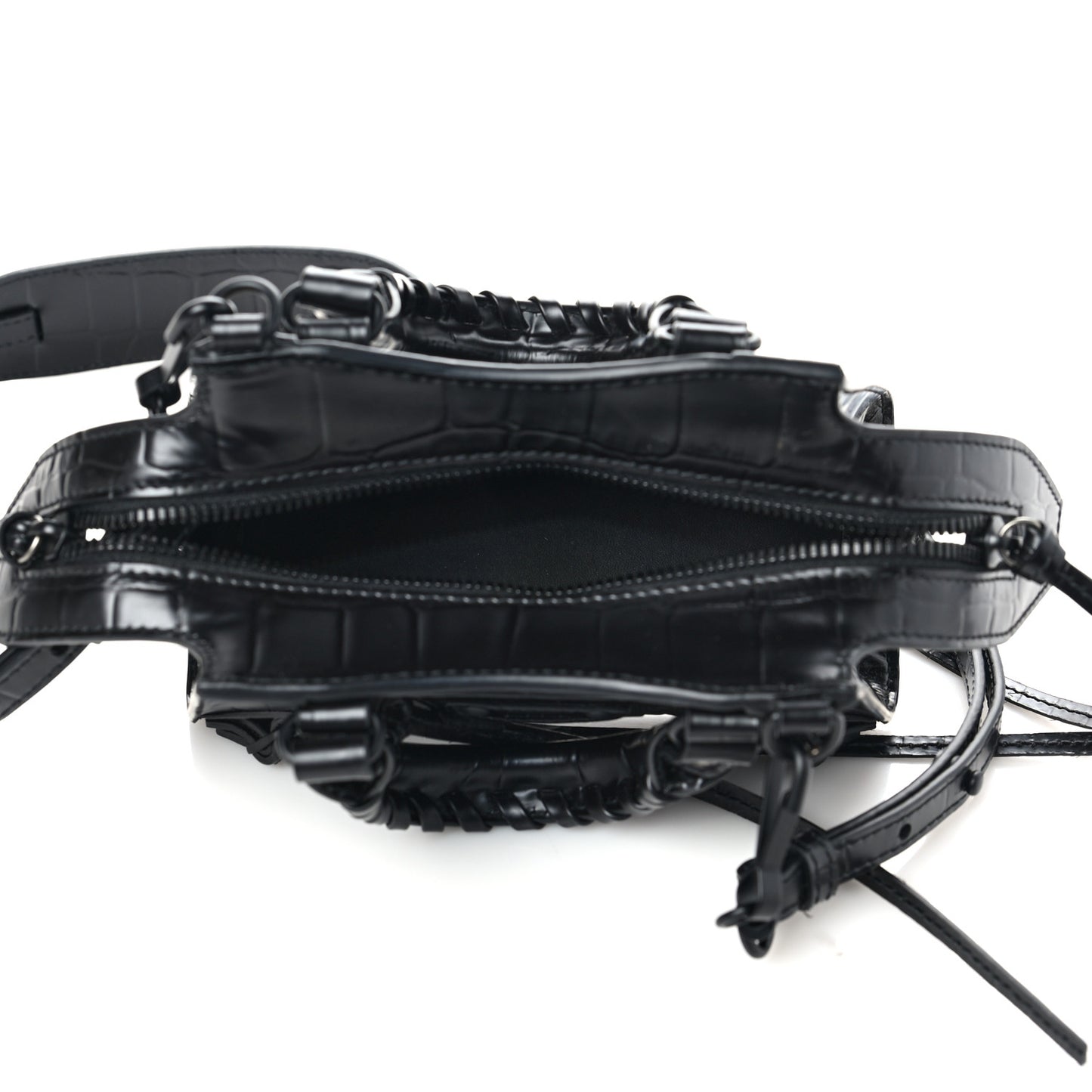 Semi Shiny Calfskin Crocodile Embossed Neo Classic Black Hardware Nano City Crossbody Black