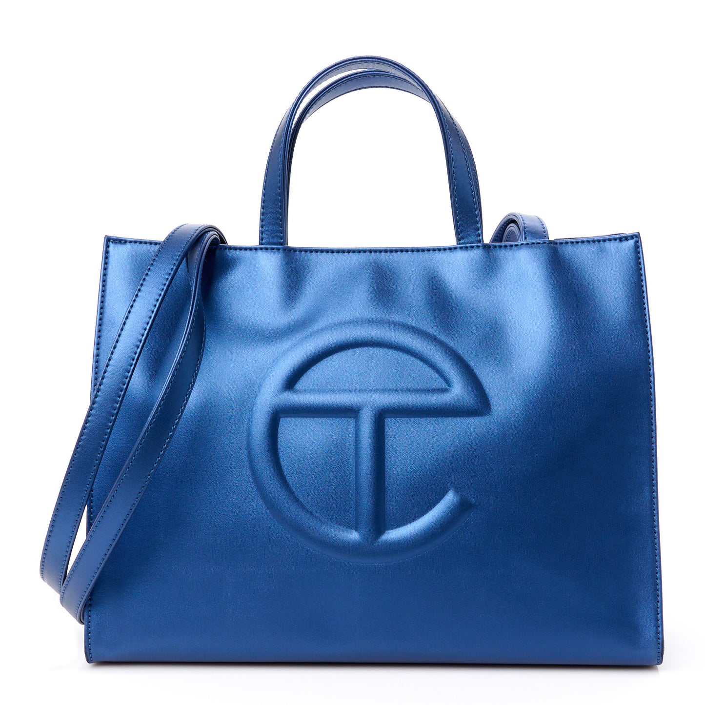 Metallic Vegan Leather Medium Shopping Bag Cobalt