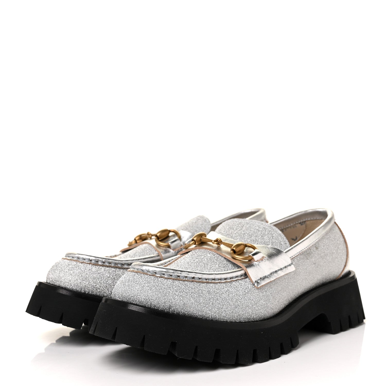 Gucci Mini Diamond Storm Silk Calfskin Womens Harald Horsebit 25mm Platform Loafers 38 Silver 3 of 11