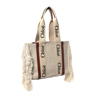 Chloe Cotton Calfskin Medium Woody Ribbon Fringe Tote Sepia Brown 3 of 10