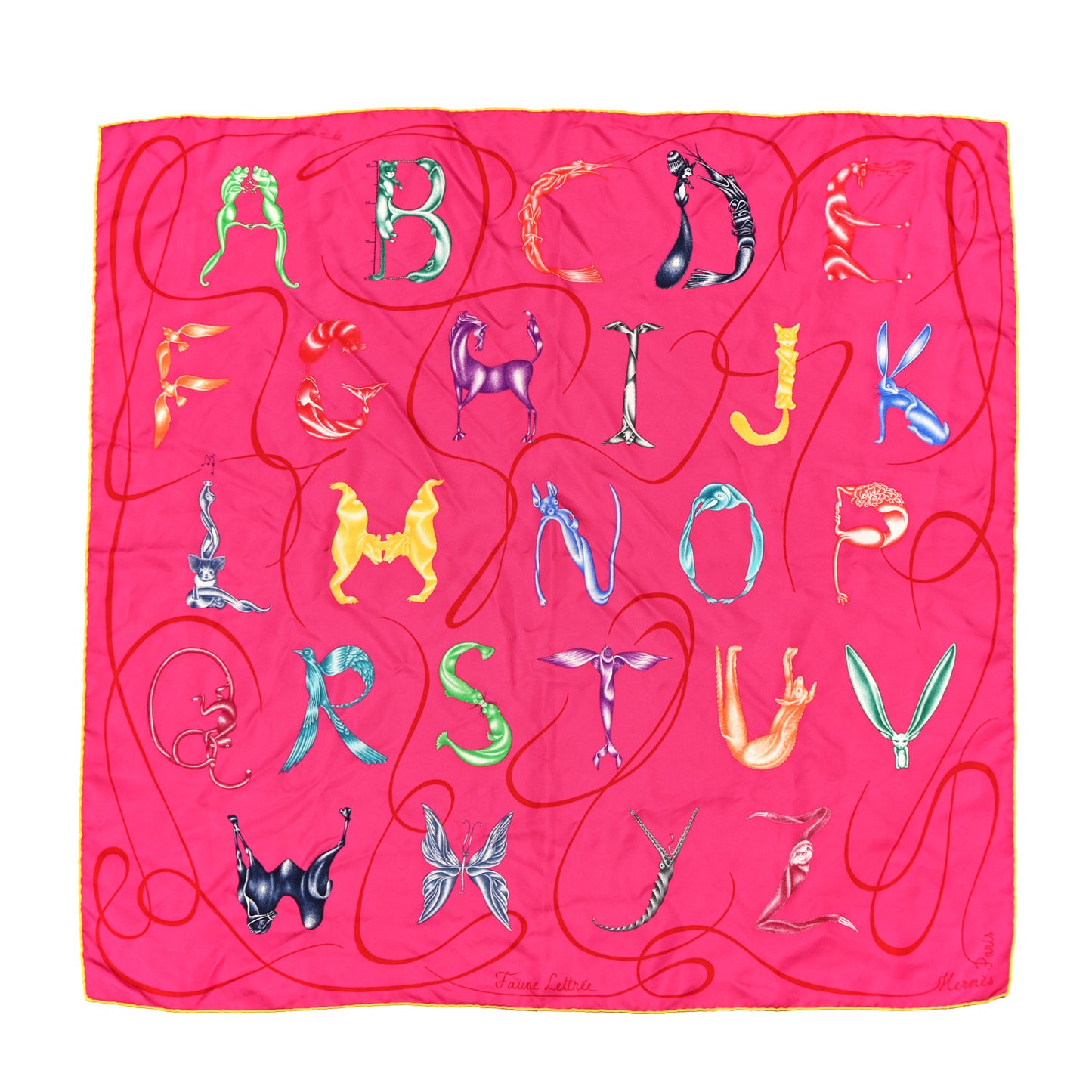 Silk Faune Lettree Scarf 90 Rose Indien Rouge Jaune Vif